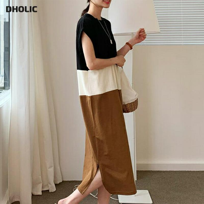 【只今10%OFF】配色ワンピース・全4色・b61776 レディース【ops】韓国 ファッション ワンピース ロング ロングワンピース ショートスリーブ 半袖 キャップスリーブ 配色 大人 カジュアル スリット 春 夏 ハイホリHIHOLLI