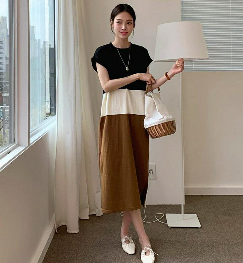 【只今10%OFF】配色ワンピース・全4色・b61776 レディース【ops】韓国 ファッション ワンピース ロング ロングワンピース ショートスリーブ 半袖 キャップスリーブ 配色 大人 カジュアル スリット 春 夏 ハイホリHIHOLLI