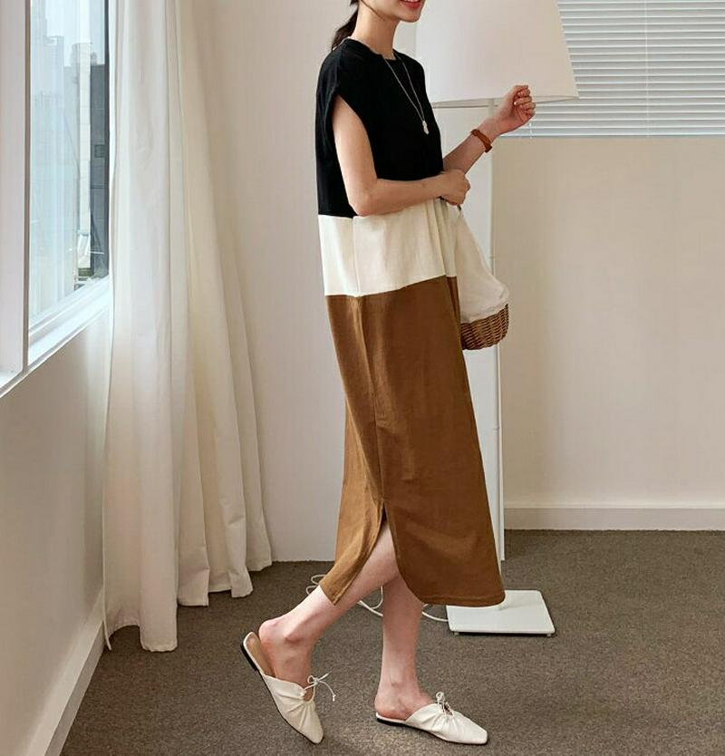 【只今10%OFF】配色ワンピース・全4色・b61776 レディース【ops】韓国 ファッション ワンピース ロング ロングワンピース ショートスリーブ 半袖 キャップスリーブ 配色 大人 カジュアル スリット 春 夏 ハイホリHIHOLLI