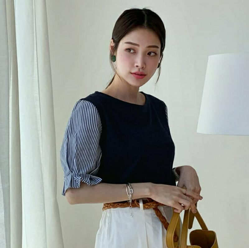 ストライプスリーブTシャツ・全2色・b61768 レディース【tops】【トップス Tシャツ 半袖 ハーフスリーブ ストライプ 
