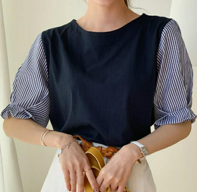 ストライプスリーブTシャツ・全2色・b61768 レディース【tops】【トップス Tシャツ 半袖 ハーフスリーブ ストライプ 