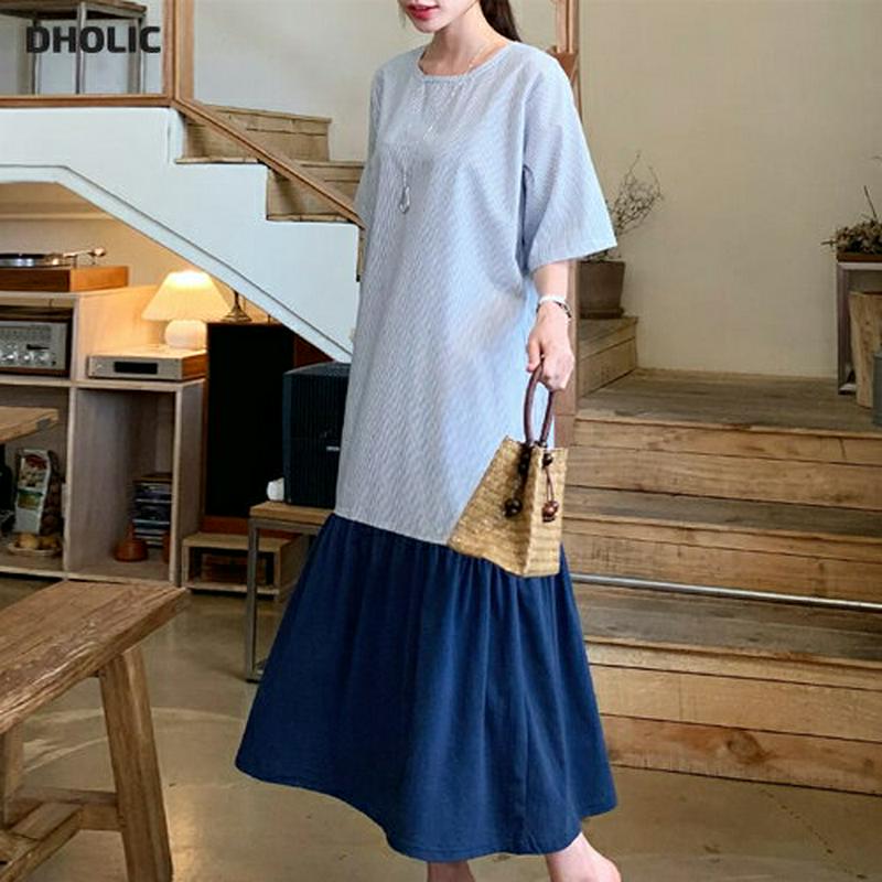 配色ストライプワンピース・全2色・b61778 レディース【ops】【ワンピース　ロング ロングワンピース 半袖 ハーフスリーブ