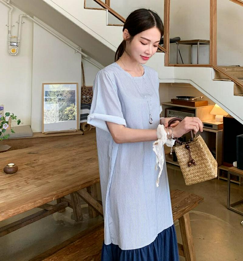 配色ストライプワンピース・全2色・b61778 レディース【ops】【ワンピース　ロング ロングワンピース 半袖 ハーフスリーブ