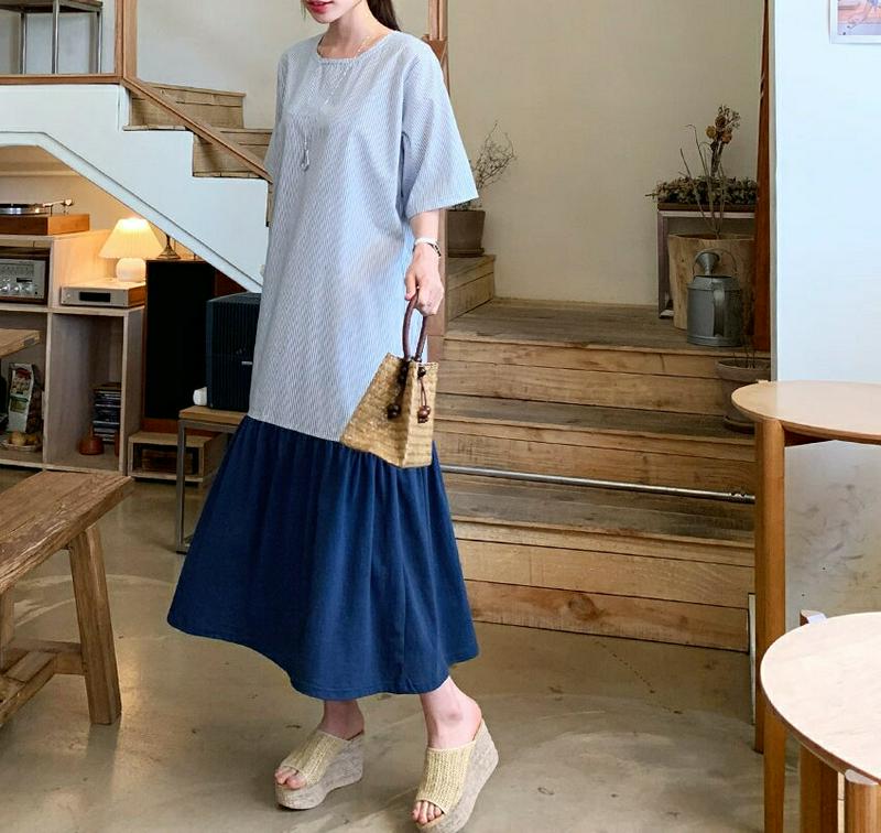 配色ストライプワンピース・全2色・b61778 レディース【ops】【ワンピース　ロング ロングワンピース 半袖 ハーフスリーブ