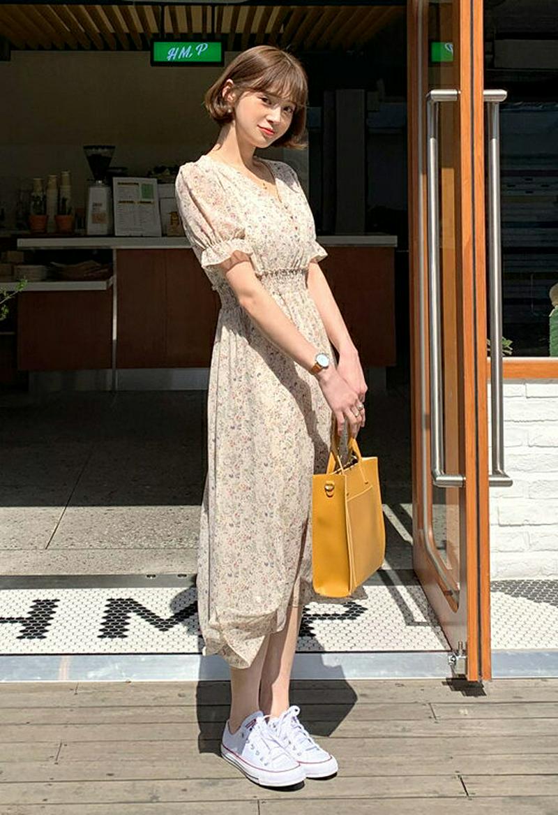 Vネックシャーリング花柄ワンピース・全3色・t55358 レディース 【ops】【ワンピース ロング ロングワンピース 半袖 ハ