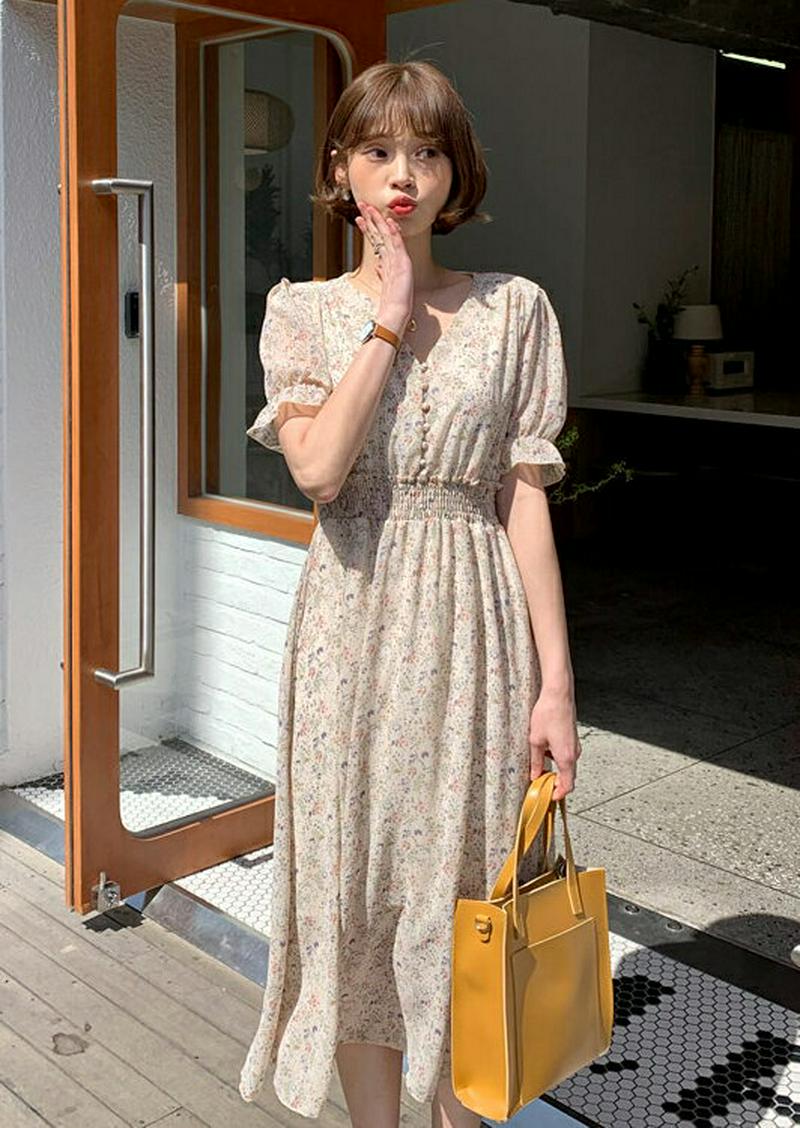 Vネックシャーリング花柄ワンピース・全3色・t55358 レディース 【ops】【ワンピース ロング ロングワンピース 半袖 ハ