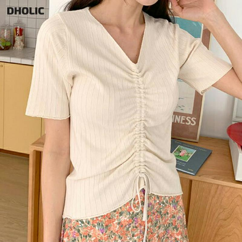 VネックドロストリブTシャツ・全6色・t55350 レディース 【tops】【トップス Tシャツ ドロスト 半袖 ハーフスリーブ