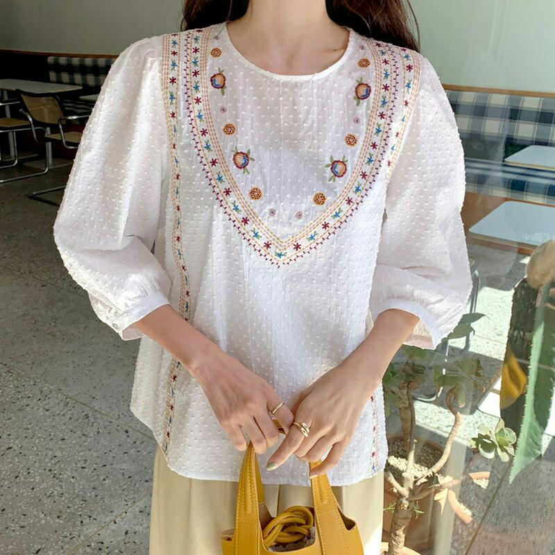 フラワー刺繍ブラウス・全1色・b55360 レディース 【bl】【トップス ブラウス 七分丈 七分袖 7分袖 7分丈 刺繍 花柄