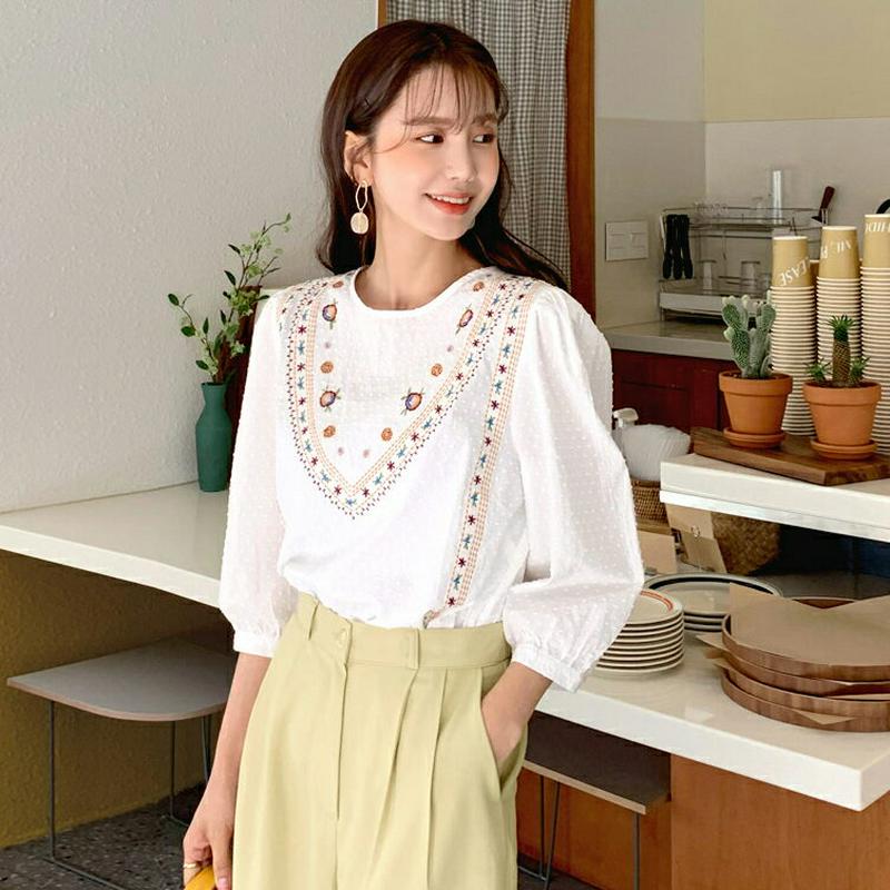 フラワー刺繍ブラウス・全1色・b55360 レディース 【bl】【トップス ブラウス 七分丈 七分袖 7分袖 7分丈 刺繍 花柄