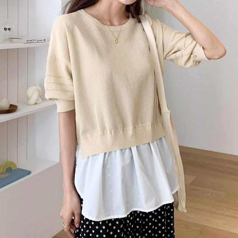 レイヤードヘムニット・全2色・b55348 レディース 【tops】【トップス ニット ニットトップス レイヤード風 半袖 ハー