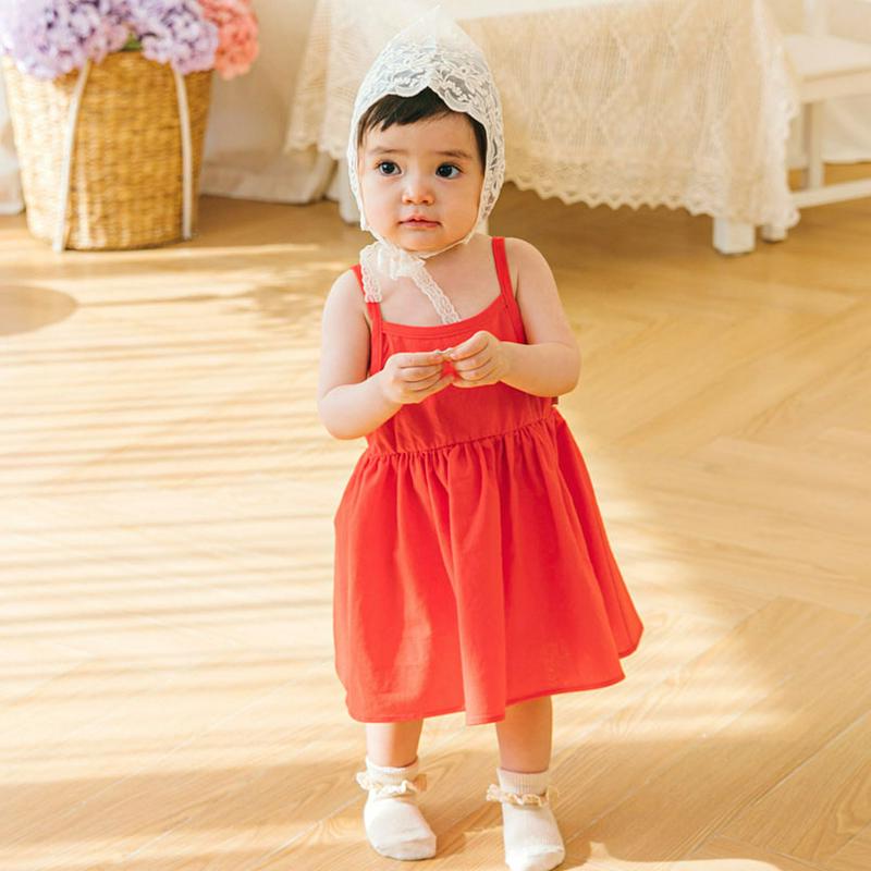 ギャザーコットンワンピース(レッド)・p001361【0~2才】【ops】【ワンピース ロング ロングワンピース スリーブレス ノースリーブ キャミソールワンピース コットン ギャザー シンプル 単色 無地 女の子 子供 こども 子供服 こども服】【KIDS】