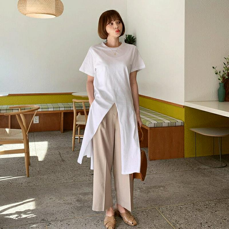 ディープスリットロングTシャツ・全3色・b55356 レディース 【tops】【トップス Tシャツ ロング丈 ロンT 無地T ス