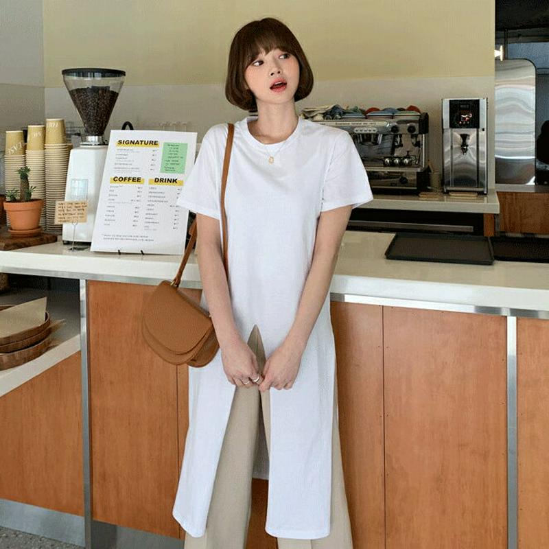 ディープスリットロングTシャツ・全3色・b55356 レディース 【tops】【トップス Tシャツ ロング丈 ロンT 無地T ス