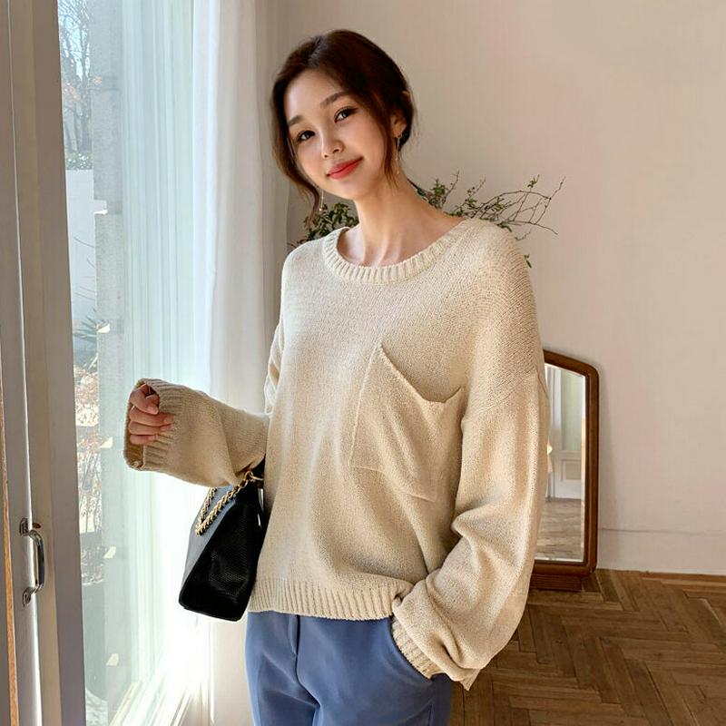ポケットルーズニット・全4色・b55574 レディース 【tops】【ニット 長袖 クロップド ショート ドロップショルダー 無