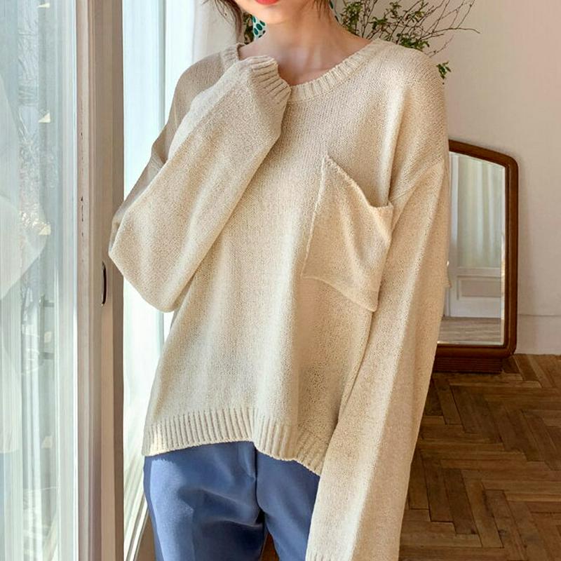 ポケットルーズニット・全4色・b55574 レディース 【tops】【ニット 長袖 クロップド ショート ドロップショルダー 無