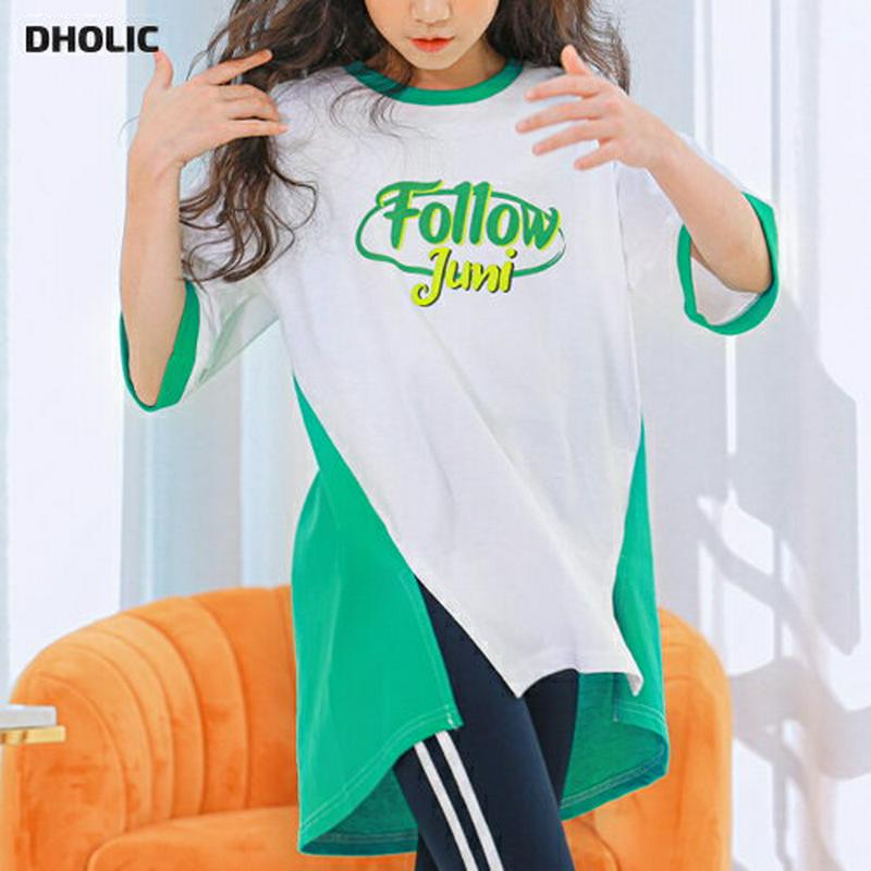 NT07アンバランスロングTシャツ(グリーン) p001019 キッズ 【9~17才】【tops】【韓国 ファッション トップス