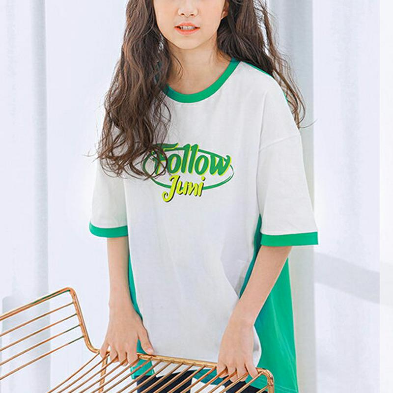 NT07アンバランスロングTシャツ(グリーン) p001019 キッズ 【9~17才】【tops】【韓国 ファッション トップス
