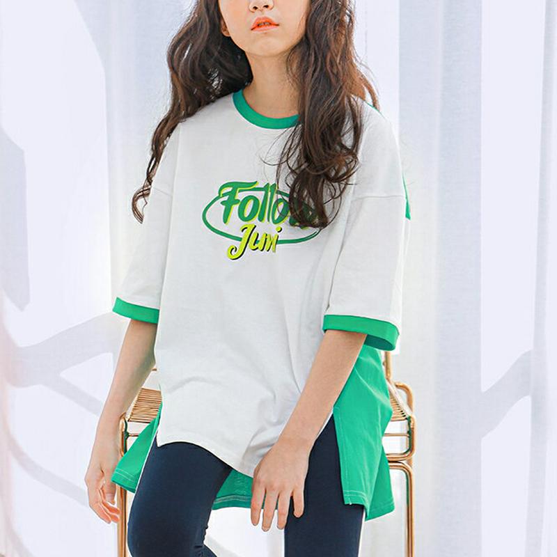 NT07アンバランスロングTシャツ(グリーン) p001019 キッズ 【9~17才】【tops】【韓国 ファッション トップス