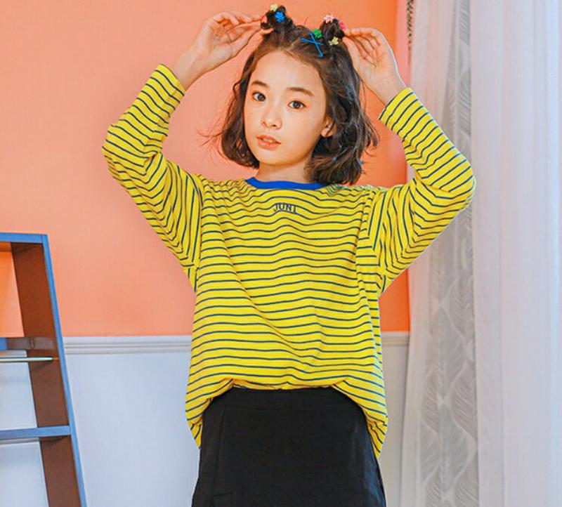 NT19ボーダーTシャツ(イエロー) p000944 キッズ 【9~17才】【tops】【韓国 ファッション トップス Tシャツ