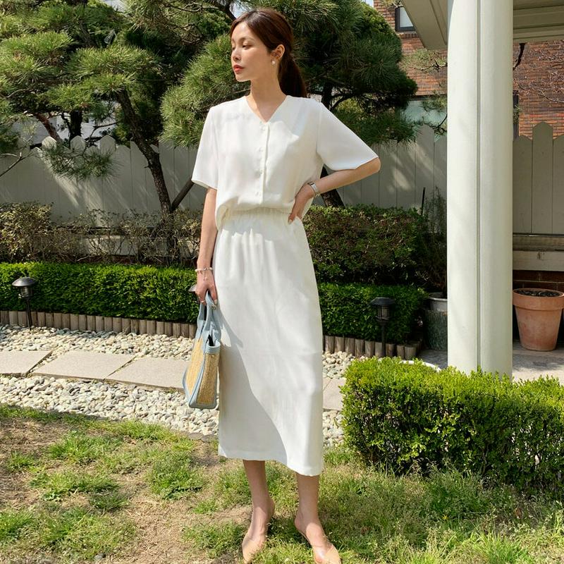 Vネックブラウス&ロングスカートSET・全2色・b61720 レディース【ops】【セットアップ トップス ブラウス 半袖 ハー