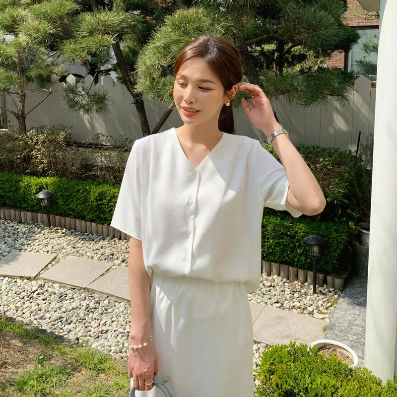 Vネックブラウス&ロングスカートSET・全2色・b61720 レディース【ops】【セットアップ トップス ブラウス 半袖 ハー