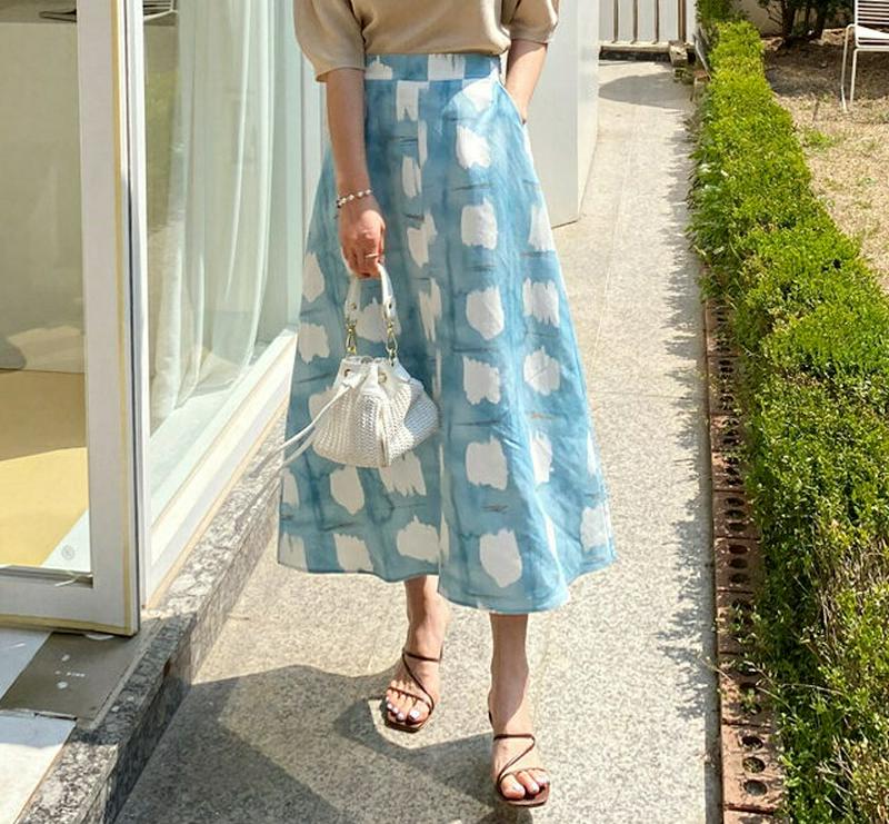 リネン混パターンスカート・全2色・b61832 レディース【sk】【スカート ロング ロングスカート 総柄 リネン 個性的 ユニ