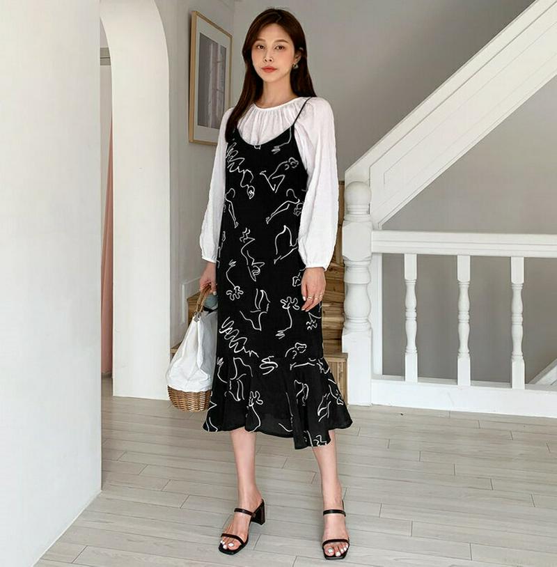 パターンキャミワンピース・全2色・t61814 レディース【sk】【ワンピース ミディ丈 ミディワンピース 総柄 モダン ナチュ