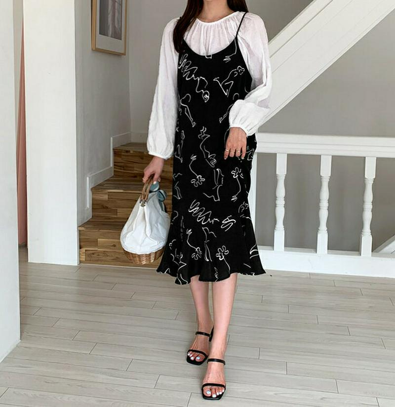 パターンキャミワンピース・全2色・t61814 レディース【sk】【ワンピース ミディ丈 ミディワンピース 総柄 モダン ナチュ