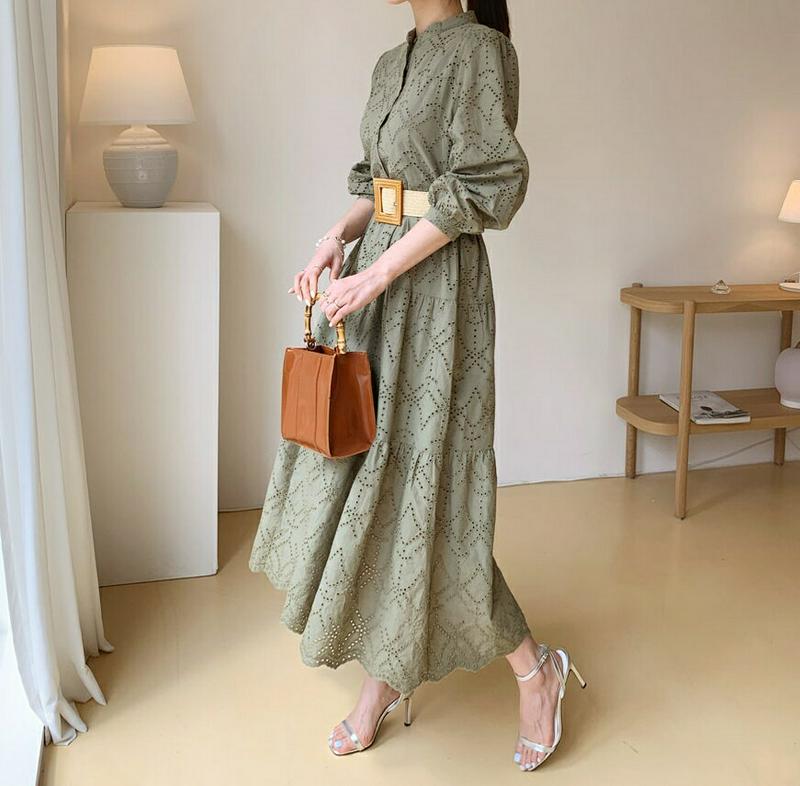 ベルト付アイレットワンピース・全2色・b61818 レディース【ops】【ワンピース ロング ロングワンピース アイレット フェ