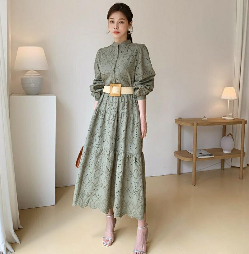 ベルト付アイレットワンピース・全2色・b61818 レディース【ops】【ワンピース ロング ロングワンピース アイレット フェ