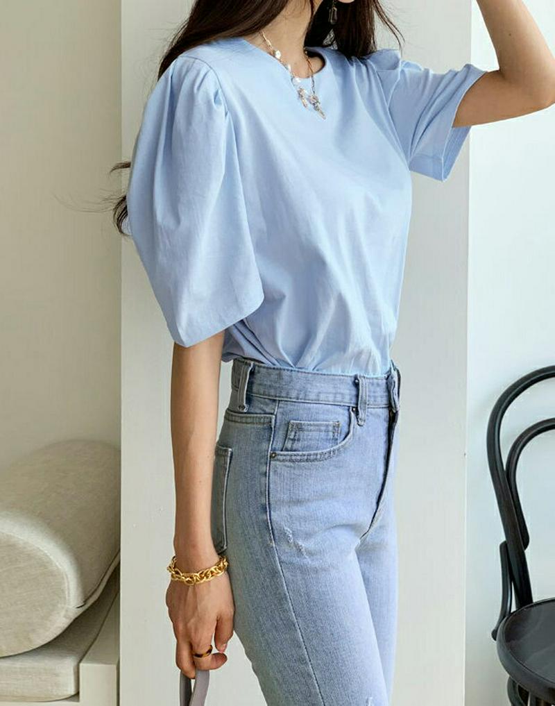 タックパフスリーブTシャツ・全5色・b55332 レディース 【tops】【トップス Tシャツ 半袖 ハーフスリーブ 単色 無地