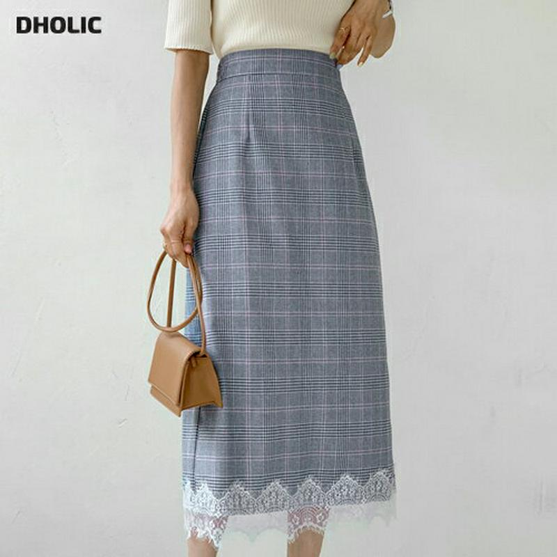 レースヘムチェックスカート・全2色・b55383 レディース 【sk】【スカート ロング ロングスカート チェック チェック柄 