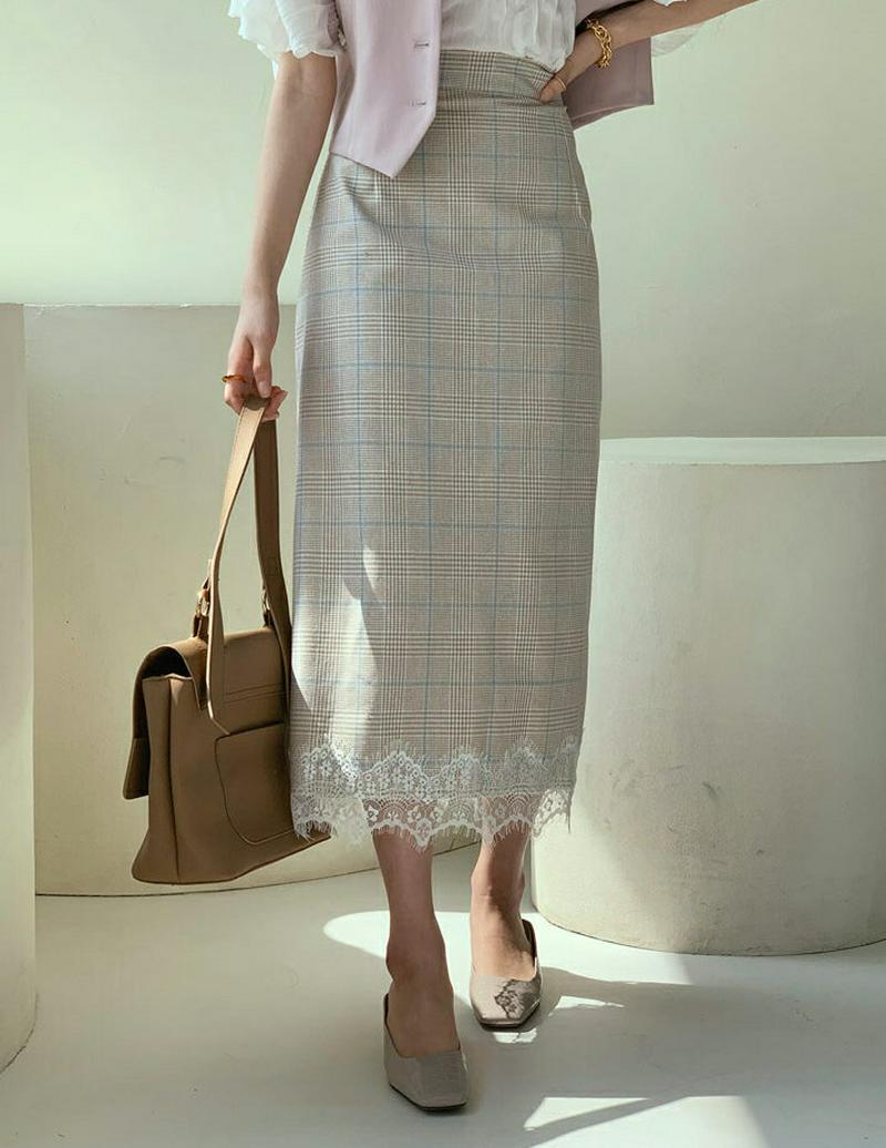 レースヘムチェックスカート・全2色・b55383 レディース 【sk】【スカート ロング ロングスカート チェック チェック柄 