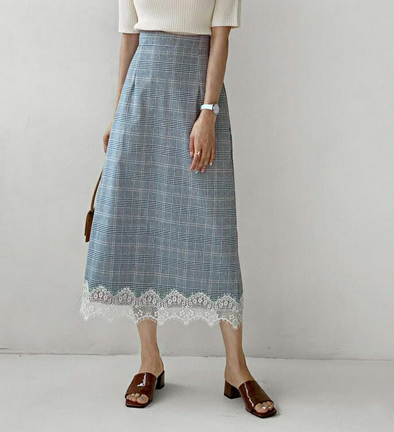 レースヘムチェックスカート・全2色・b55383 レディース 【sk】【スカート ロング ロングスカート チェック チェック柄 