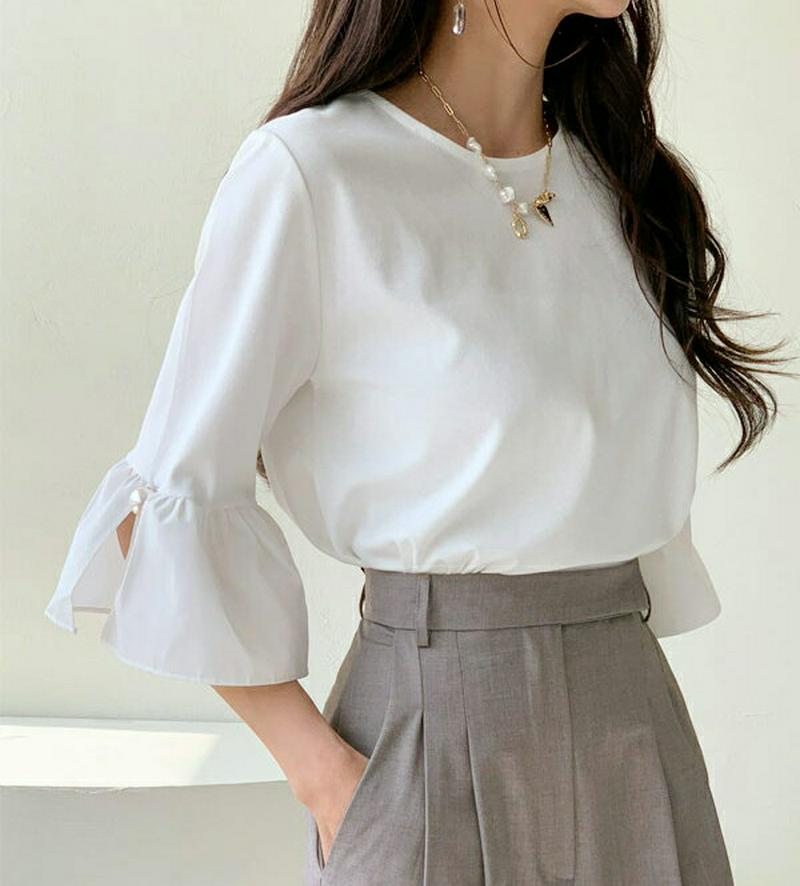 パールフレアスリーブTシャツ・全2色・b55324 レディース 【tops】【トップス Tシャツ 七分丈 七分袖 7分丈 7分袖