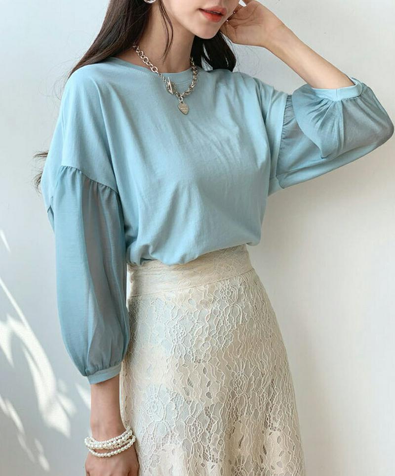 コントラストパフTシャツ・全3色・b55321 レディース 【tops】【トップス Tシャツ パフスリーブ パフ 袖コンシャス 
