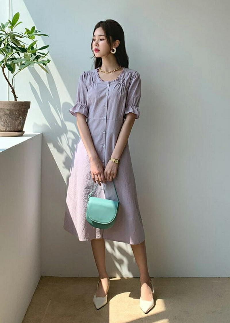 フリルボタンワンピース・全3色・t55375 レディース 【ops】【ワンピース ミディ丈 ミディワンピース 半袖 ハーフスリー