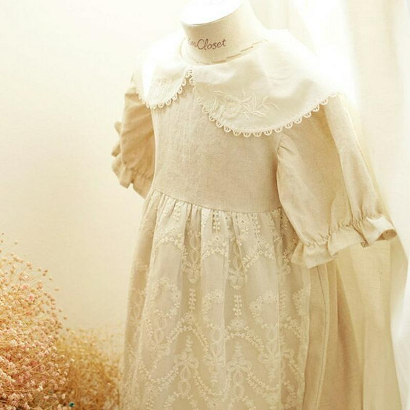 リネン混レースワンピース・p001395 キッズ【0~2才】【ops】【ワンピース ロング ロングワンピース 半袖 ハーフスリーブ レース リネン ワイドカラー ガーリー 可愛い かわいい 女の子 こども 子供服 こども服】【KIDS】