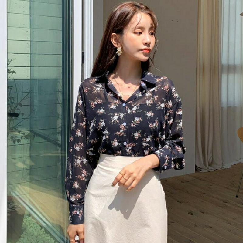 シアー花柄シャツ・全2色・b58953 レディース 【bl】【トップス シャツ 長袖 花柄 フラワー 総柄 シアー 透け感 フェ