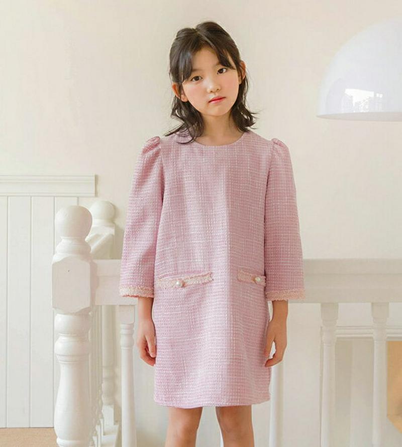 【キッズ只今10%OFF】ギャザーショルダーツイードワンピース p000234 キッズ 【3~8才】【ops】【韓国 ファッショ