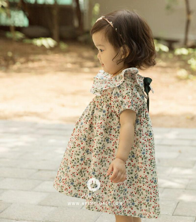 リボンラッフルカラー花柄ワンピース p000076 キッズ 【3~8才】【ops】【韓国 ファッション ワンピース ベビーワンピース 半袖 ハーフスリーブ 花柄 膝丈 ミドル丈 無地 ベビー服 ベビー用 お出かけ キッズ 子供 子供用 ベビー用 秋 春】【KIDS】