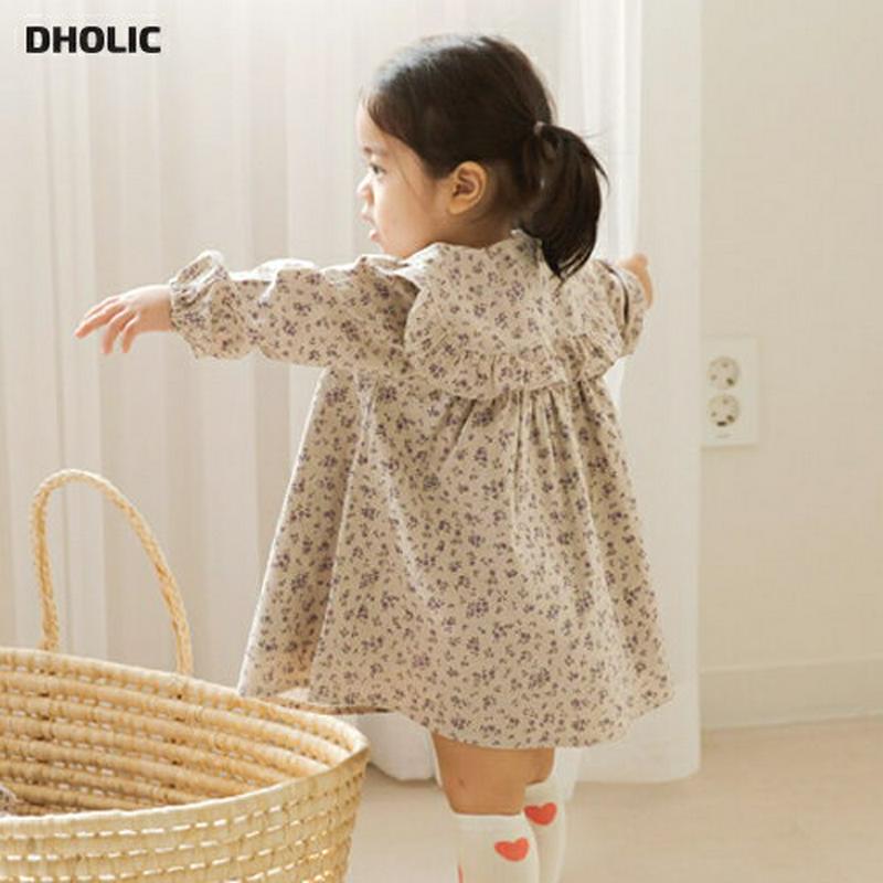 リボンネック花柄フリルワンピース p000054 キッズ 【3~8才】【ops】【韓国 ファッション ワンピース ベビーワンピース フリルネック リボン 長袖 コットン100 コットン 花柄 ベビー服 ベビー用 お出かけキッズ 子供 子供用 ベビー用 秋 春】【KIDS】