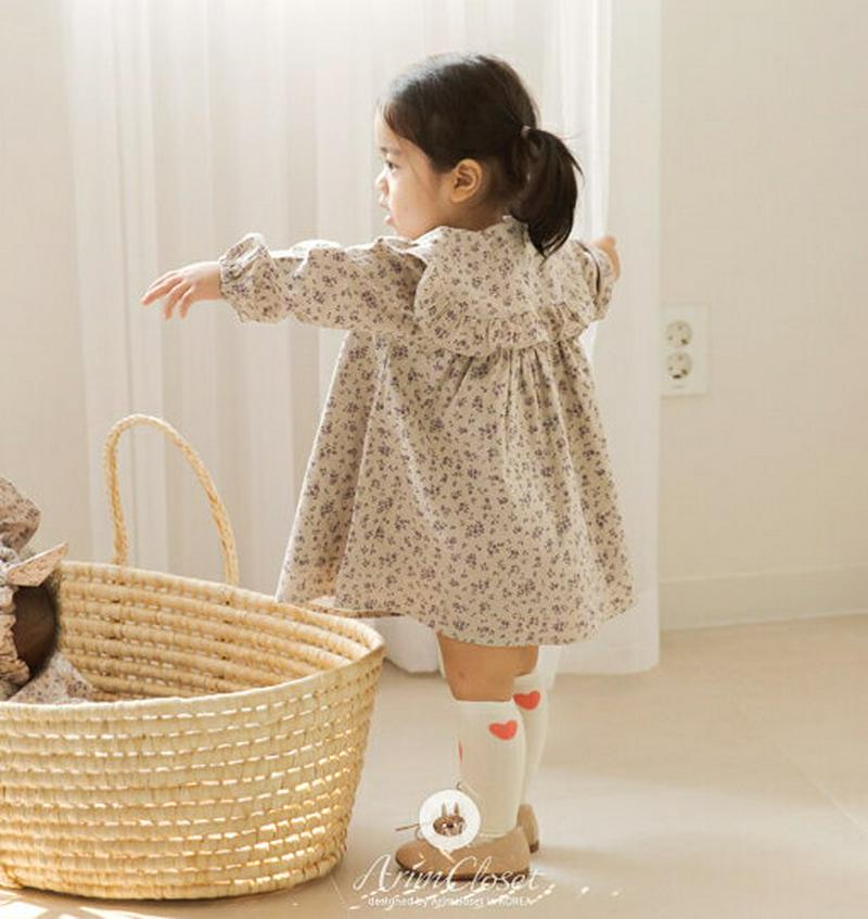 リボンネック花柄フリルワンピース p000054 キッズ 【3~8才】【ops】【韓国 ファッション ワンピース ベビーワンピース フリルネック リボン 長袖 コットン100 コットン 花柄 ベビー服 ベビー用 お出かけキッズ 子供 子供用 ベビー用 秋 春】【KIDS】