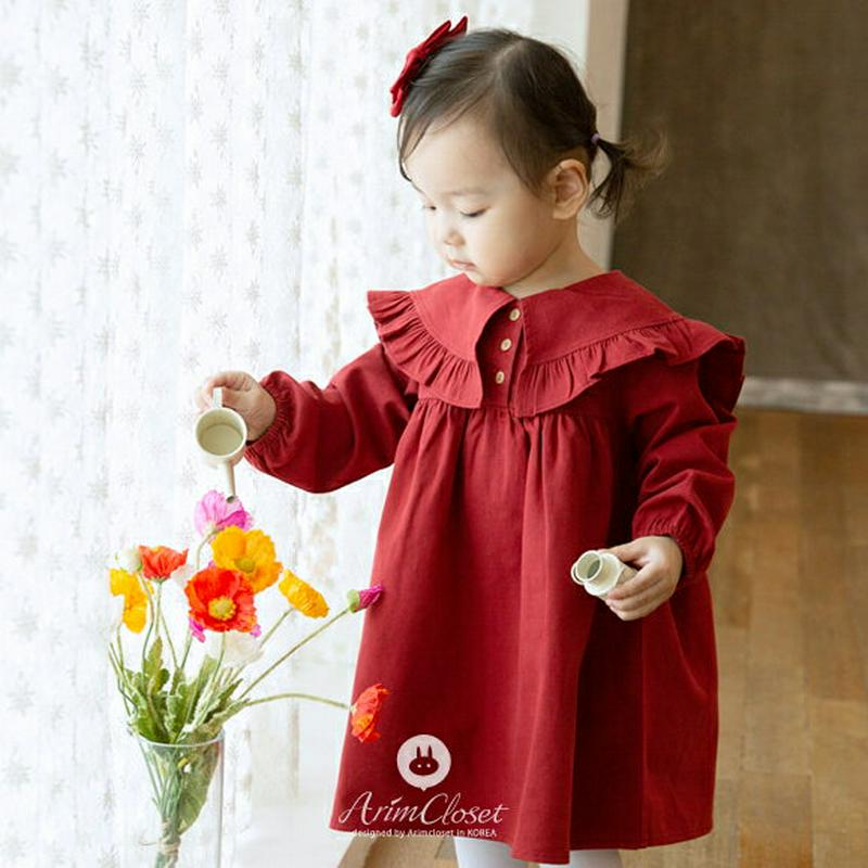 フリルワイドカラーワンピース・p000087 キッズ【3~8才】【ops】【ワンピース ロングワンピース 長袖 襟コンシャス ワイドカラー フリル 可愛い かわいい ガーリー 単色 無地 女の子 春 秋 子供 こども 子供服 こども服】【KIDS】