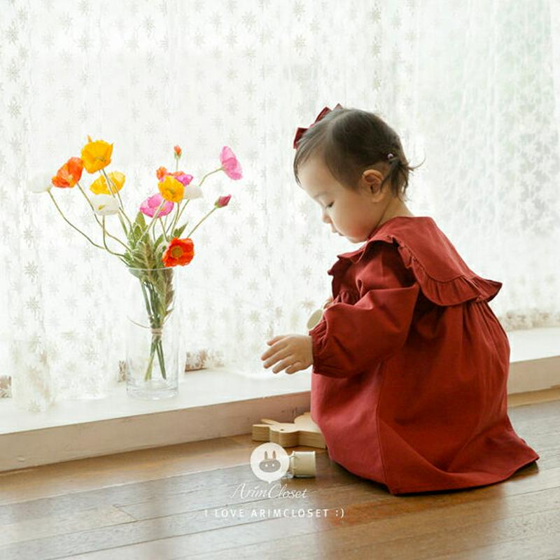 フリルワイドカラーワンピース・p000087 キッズ【3~8才】【ops】【ワンピース ロングワンピース 長袖 襟コンシャス ワイドカラー フリル 可愛い かわいい ガーリー 単色 無地 女の子 春 秋 子供 こども 子供服 こども服】【KIDS】