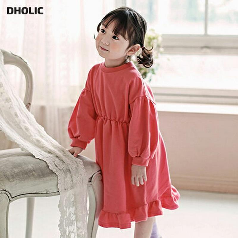 フリルヘムワンピース・p000015 キッズ【3~8才】【ops】【ワンピース 長袖 ラウンドネック フリル 綿 コットン 無地 ベビー 子供服 キッズ ジュニア 子供 こども 女の子 かわいい】【KIDS】