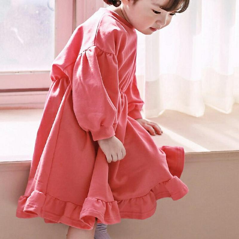 フリルヘムワンピース・p000015 キッズ【3~8才】【ops】【ワンピース 長袖 ラウンドネック フリル 綿 コットン 無地 ベビー 子供服 キッズ ジュニア 子供 こども 女の子 かわいい】【KIDS】