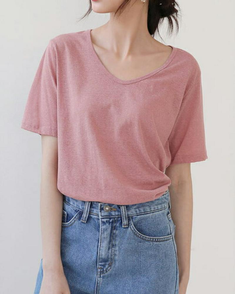 リネン混UネックTシャツ・全6色・t58942 レディース 【tops】【トップス Tシャツ 半袖 ハーフスリーブ リネン Uネ