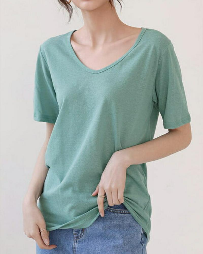 リネン混UネックTシャツ・全6色・t58942 レディース 【tops】【トップス Tシャツ 半袖 ハーフスリーブ リネン Uネ