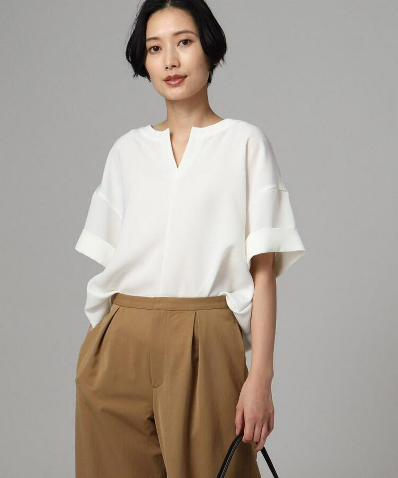 【洗える】ダブルクロススリットネックブラウス
